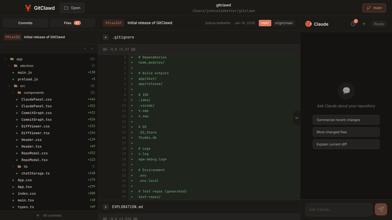 GitClawd interface showing commit history, file diff, and Claude assistant panel
